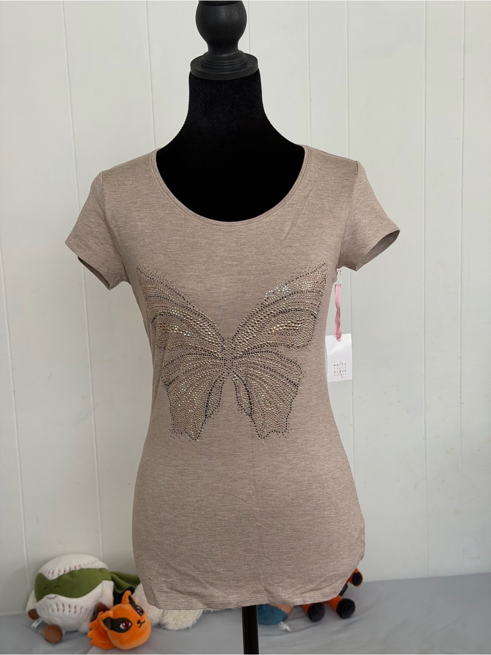 Women’s Taupe Butterfly Embellished Short-Sleeve Tee size XXS